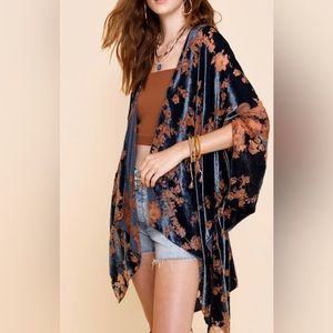 NWOT Floral Burnout Velvet Kimono / Cardigan - navy/brown